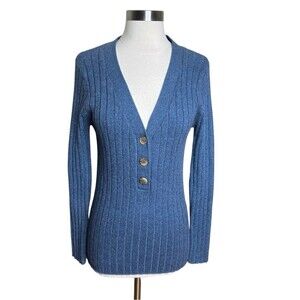 Sundance Henley Sweater Womens Size Medium Blue Silk Blend V Neck Ribbed Knit